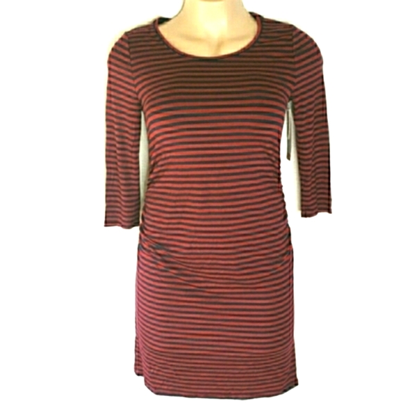 Liz Lange Maternity Dress Burgundy Navy Stretchy Knit Striped Size Medium NWT - Picture 1 of 9